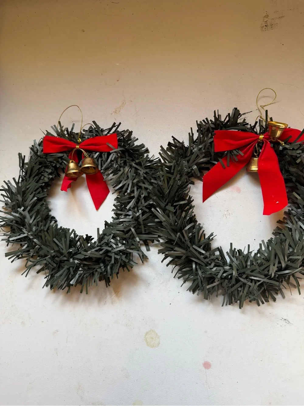 Holiday Evergreen Wreath with Red Bow and Bell - Set of 2